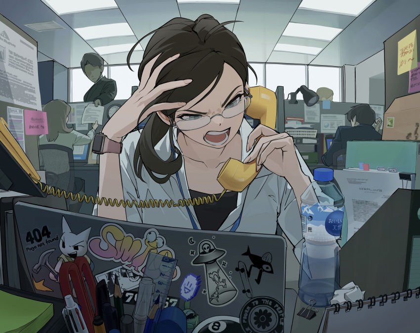 2girls, 3boys, absurdres, angry, bottle, brown_hair, ceiling, ceiling_light