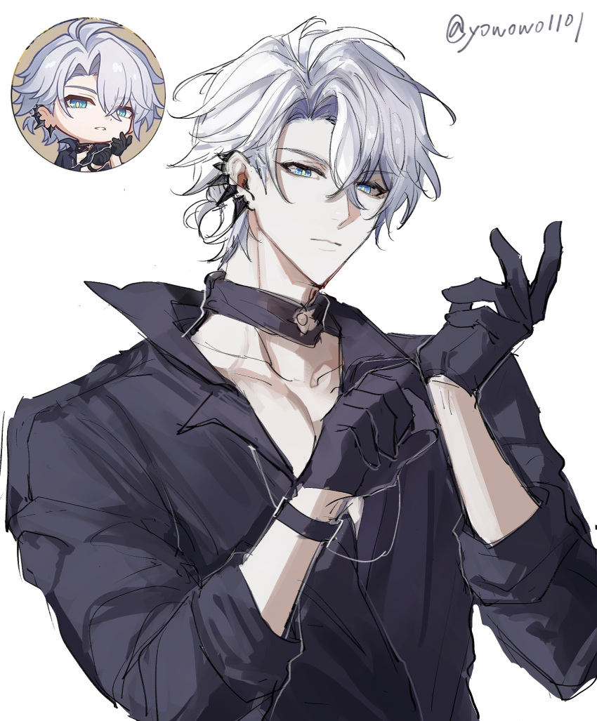 1boy, adjusting_clothes, adjusting_gloves, ahoge, black_gloves, black_shirt, blue_eyes, closed_mouth