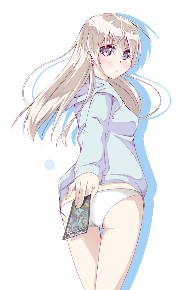 ass, blonde_hair, blue_eyes, blush, card, eila_ilmatar_juutilainen, from_behind, hajime_(kinyou_club), holding, holding_card, hoodie, long_hair, no_pants, panties, solo, strike_witches, tarot, the_star, underwear, white_panties
