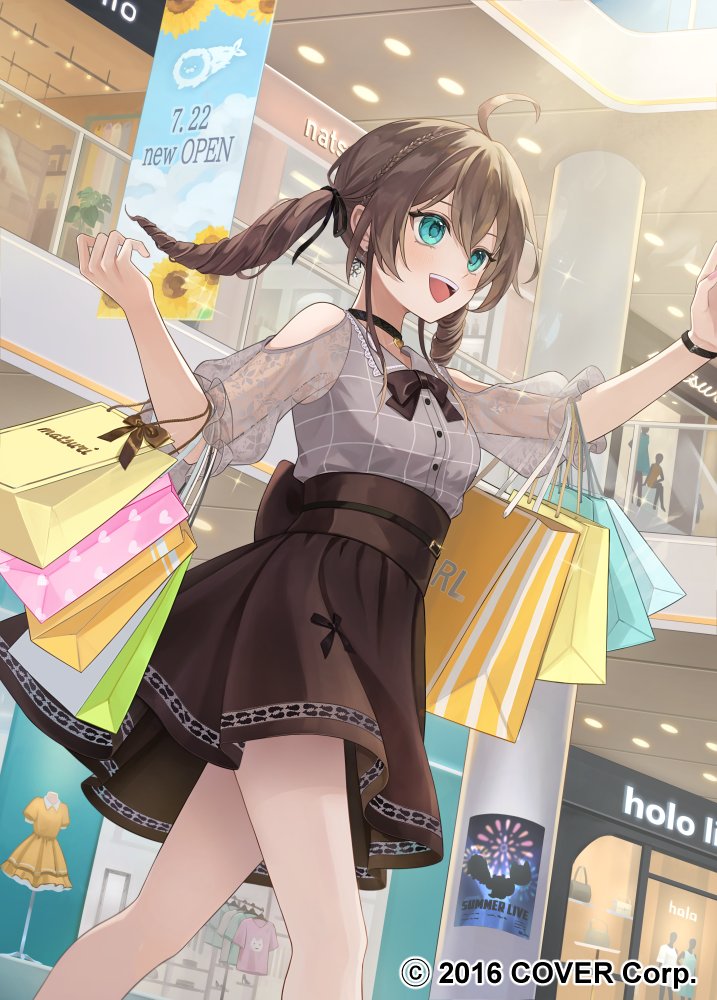 1girl, :d, ahoge, aqua_eyes, bag, black_choker, black_ribbon, bow, bowtie, braid, brown_bow, brown_bowtie, brown_hair, brown_skirt, choker, clothing_cutout, collared_shirt, commentary_request, copyright_notice, double-parted_bangs, drill_hair, earrings, flower_earrings, frilled_shirt_collar, frills, grey_shirt, hair_between_eyes, hair_ribbon, hands_up, high-waist_skirt, hololive, indoors, jewelry, kumajyayo, lace, lace_sleeves, long_hair, mall, miniskirt, natsuiro_matsuri, natsuiro_matsuri_(casual), official_alternate_costume, official_alternate_hairstyle, official_art, open_mouth, plaid_clothes, plaid_shirt, puffy_short_sleeves, puffy_sleeves, ribbon, see-through_clothes, see-through_sleeves, shirt, shirt_tucked_in, shopping_bag, short_sleeves, shoulder_cutout, side_braid, skirt, smile, solo, teeth, twin_drills, twintails, upper_teeth_only, virtual_youtuber