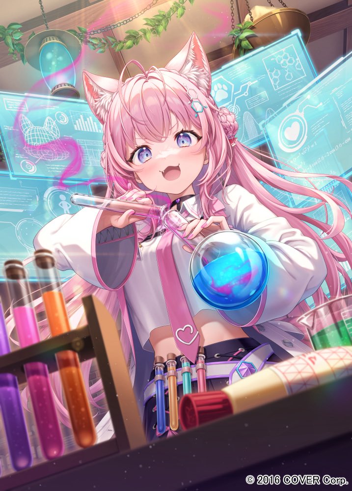 1girl, :3, :d, animal_ear_fluff, animal_ears, antenna_hair, belt_pouch, black_choker