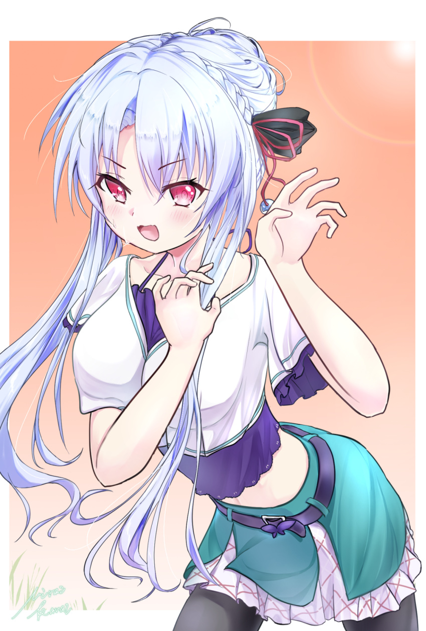 1girl, aqua_skirt, black_thighhighs, blue_hair, blush, border, braid, camisole