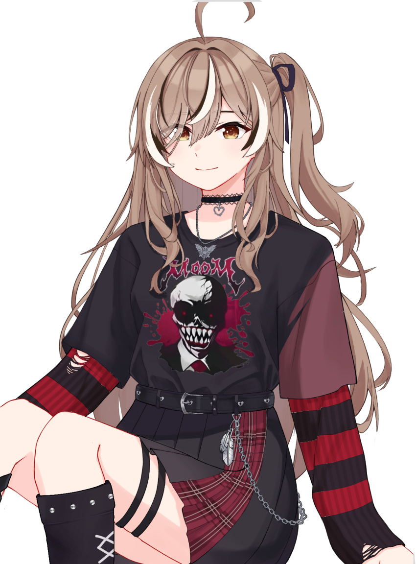 1girl, ahoge, belt, black_belt, black_choker, black_hair, black_ribbon, black_shirt