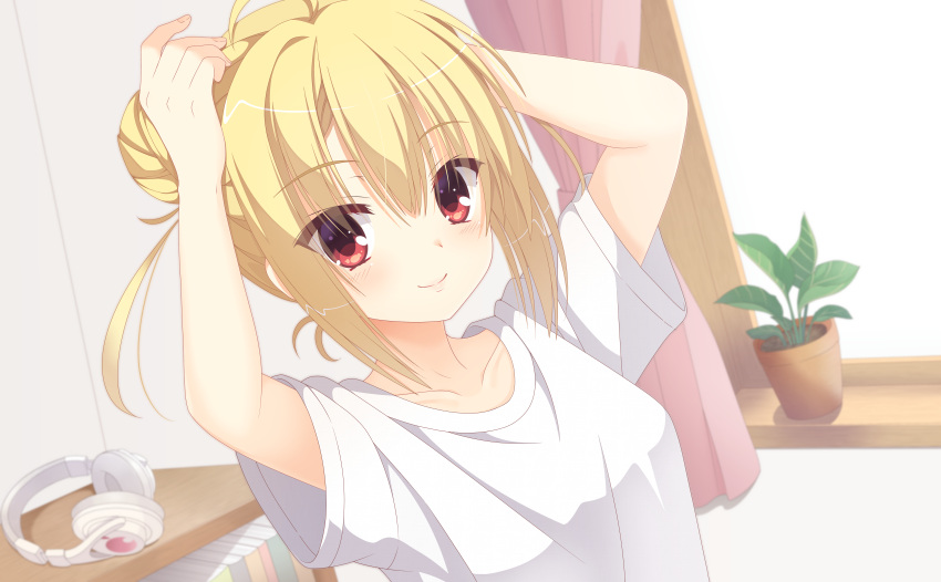 1girl, absurdres, ahoge, alternate_costume, alternate_hairstyle, arihara_nanami, blonde_hair, blue_background