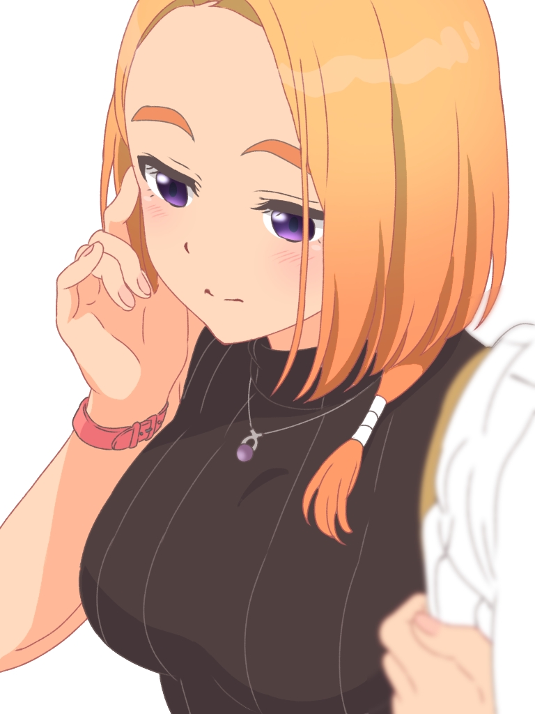 1girl, 1other, black_sweater_vest, blonde_hair, blush, breasts, closed_mouth, commentary, gem, jewelry, locked_arms, long_hair, looking_down, maou_(ajtdmw369), medium_breasts, necklace, purple_gemstone, shiunji-ke_no_kodomotachi, shiunji_banri, simple_background, solo_focus, sweater_vest, upper_body, violet_eyes, watch, watch, white_background