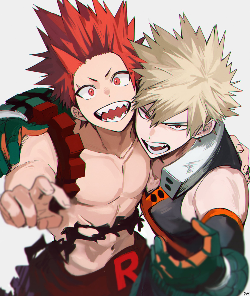 2boys, abs, absurdres, arm_around_shoulder, arm_up, bakugou_katsuki, bare_shoulders, blonde_hair