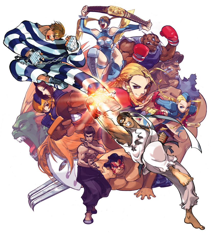 5girls, 6+boys, absurdres, balrog_(street_fighter), bandages, barefoot, belt, black_hair