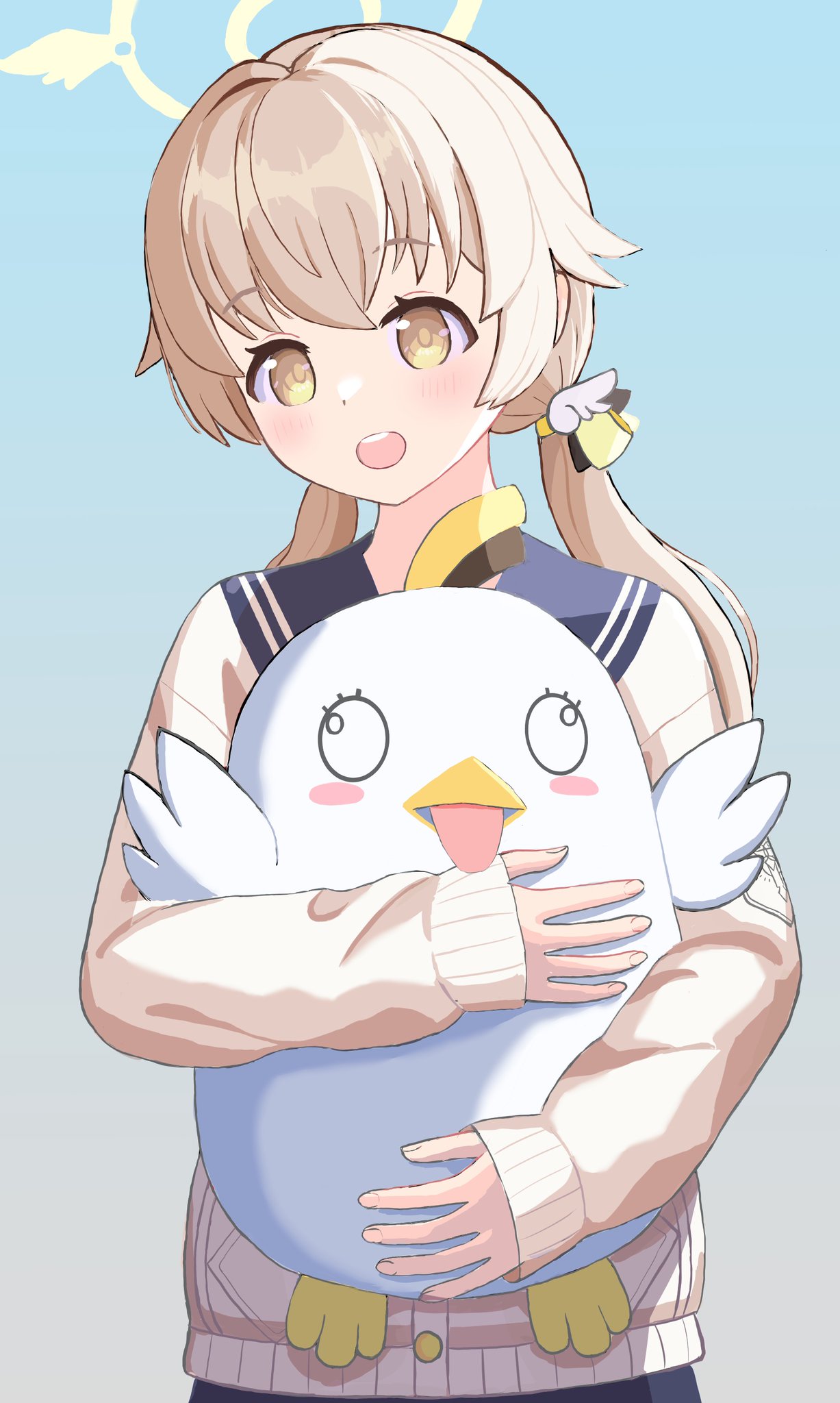 1girl, :d, bird, blue_archive, blue_sailor_collar, blue_skirt, blue_sky, blush