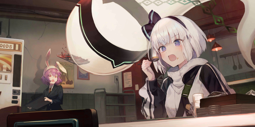 +_+, 2girls, alternate_costume, animal_ears, black_hairband, black_jacket, cup, drinking_glass