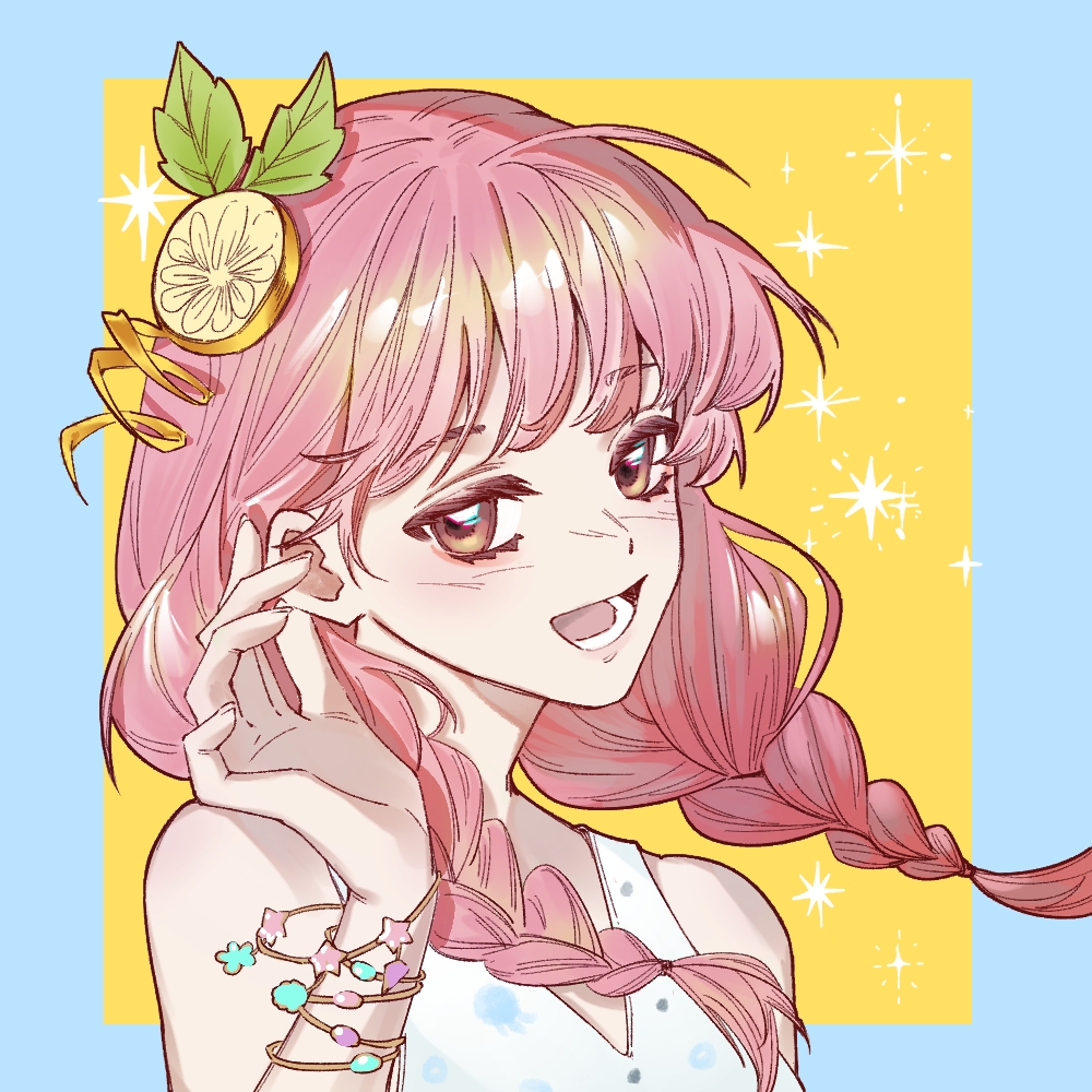 1girl, bare_shoulders, blue_border, border, bracelet, braid, brown_eyes, bubble_print