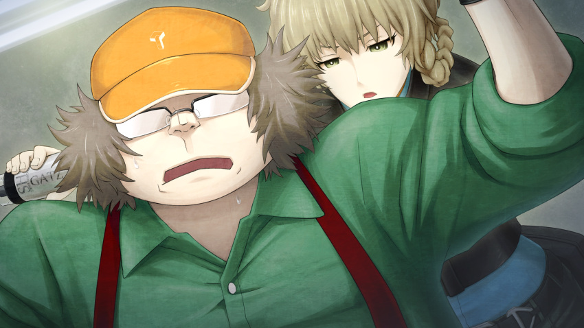 amane_suzuha, amane_suzuha_(beta), behind_another, belt, belt_buckle, beret, black_jacket, blue_jacket