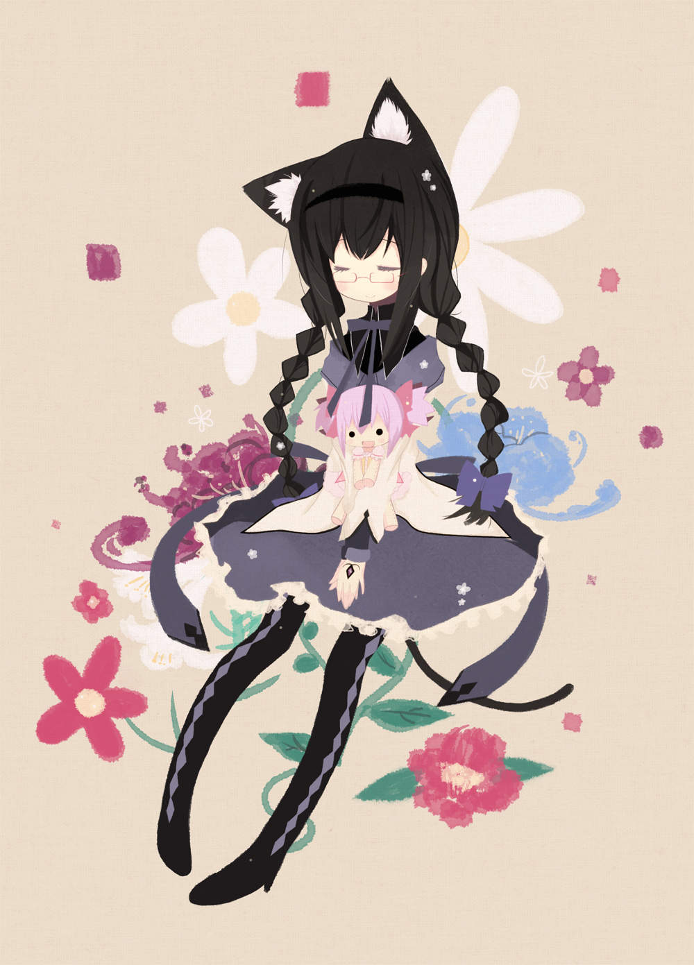 2girls, :d, akemi_homura, alternate_hairstyle, animal_ears, black_hair, boots, bow