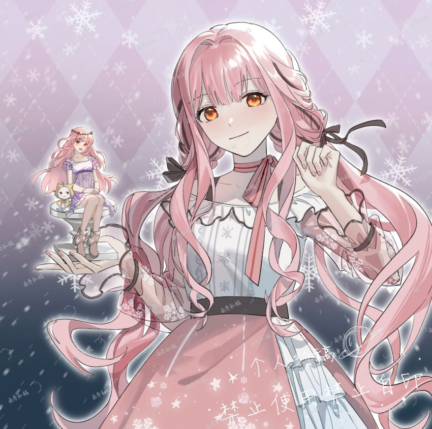 2girls, :3, argyle_background, artist_request, bare_legs, belt, black_belt, black_bow