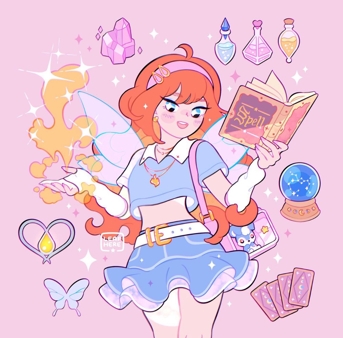 +_+, 1girl, adapted_costume, ahoge, bag, belt, belt_buckle, bloom_(winx_club), blue_butterfly, blue_eyes, blue_shirt, blue_skirt, blush_stickers, book, buckle, bug, butterfly, card, collared_shirt, commentary, constellation, cowboy_shot, crystal, crystal_ball, earrings, english_commentary, fairy, fire, flame_necklace, frilled_skirt, frills, gold_necklace, hair_ornament, hairband, hairclip, happy, heart, heart_earrings, holding, holding_book, jewelry, kiko_(winx_club), leaphere, midriff, miniskirt, moon_phases, necklace, open_book, open_mouth, pink_background, pink_bag, pink_hairband, potion, pyrokinesis, sagittarius_(constellation), shirt, short_sleeves, shoulder_bag, simple_background, skirt, smile, solo, sparkle, sparkling_eyes, standing, stuffed_animal, stuffed_rabbit, stuffed_toy, tarot, tarot_card, teeth, upper_teeth_only, watermark, white_arm_warmers, white_belt, winx_club