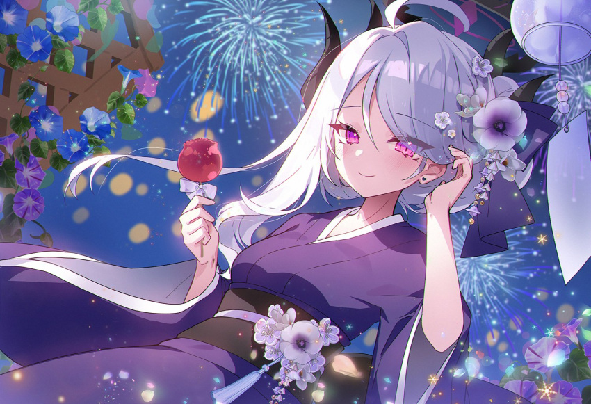 1girl, aerial_fireworks, ahoge, alternate_costume, apple_caramel, black_halo, black_horns, black_sash, blue_archive, blush, breasts, closed_mouth, commentary, english_commentary, fireworks, flower, hair_flower, hair_ornament, halo, hands_up, hina_(blue_archive), holding_candy_apple, horns, japanese_clothes, kimono, long_hair, looking_at_viewer, medium_breasts, night, obi, outdoors, purple_flower, purple_kimono, sash, smile, solo, very_long_hair, violet_eyes, white_hair