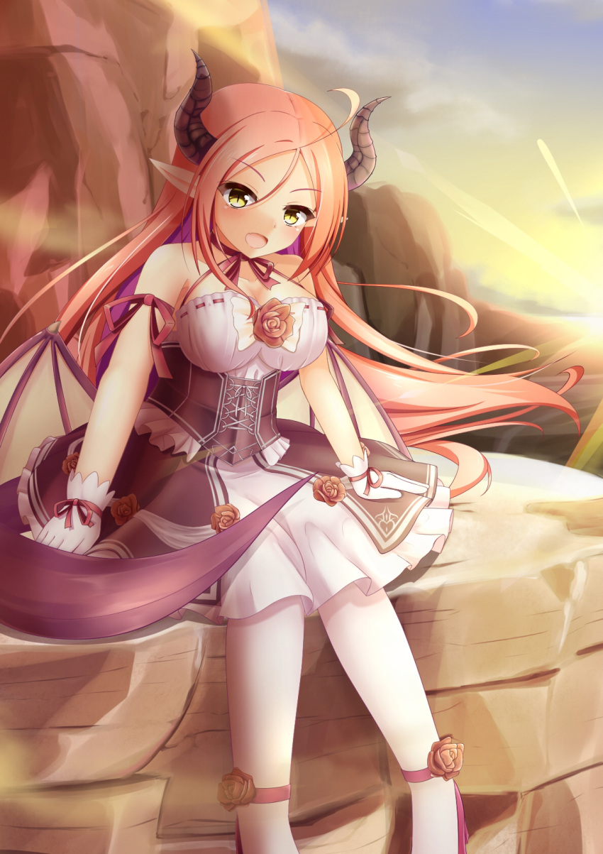 1girl, ahoge, breasts, corset, dragon_girl, dragon_horns, dragon_tail, dragon_wings