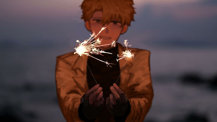 1boy, black_eyes, black_gloves, black_shirt, blonde_hair, blurry, blurry_background, coat, curtained_hair, fingerless_gloves, fireworks, gloves, grin, highres, holding, holding_fireworks, kkoma94, lee_hakhyun, male_focus, omniscient_reader's_viewpoint, orange_coat, shirt, short_hair, smile, solo, sparkle, sparkler, sparkling_eyes, swept_bangs, variant_set