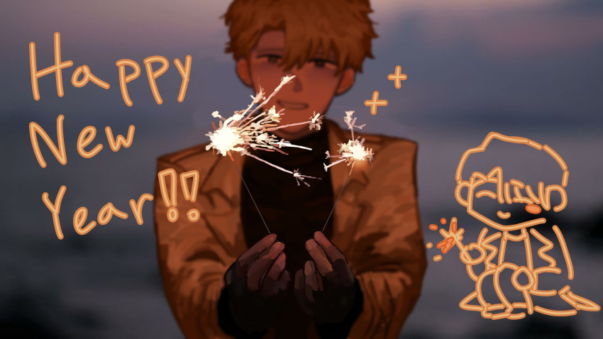 1boy, black_eyes, black_gloves, black_shirt, blonde_hair, blurry, blurry_background, coat, curtained_hair, doodle_inset, fingerless_gloves, fireworks, gloves, grin, happy_new_year, highres, holding, holding_fireworks, kkoma94, lee_hakhyun, male_focus, omniscient_reader's_viewpoint, orange_coat, shirt, short_hair, smile, solo, sparkle, sparkler, sparkling_eyes, swept_bangs