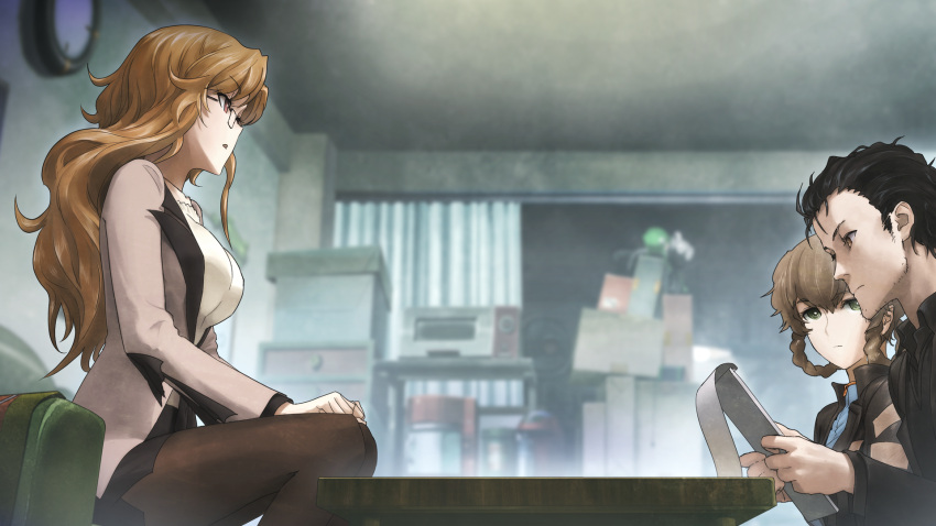 1boy, 2girls, amane_suzuha, amane_suzuha_(beta), beard_stubble, black_cardigan, black_hair, black_jacket