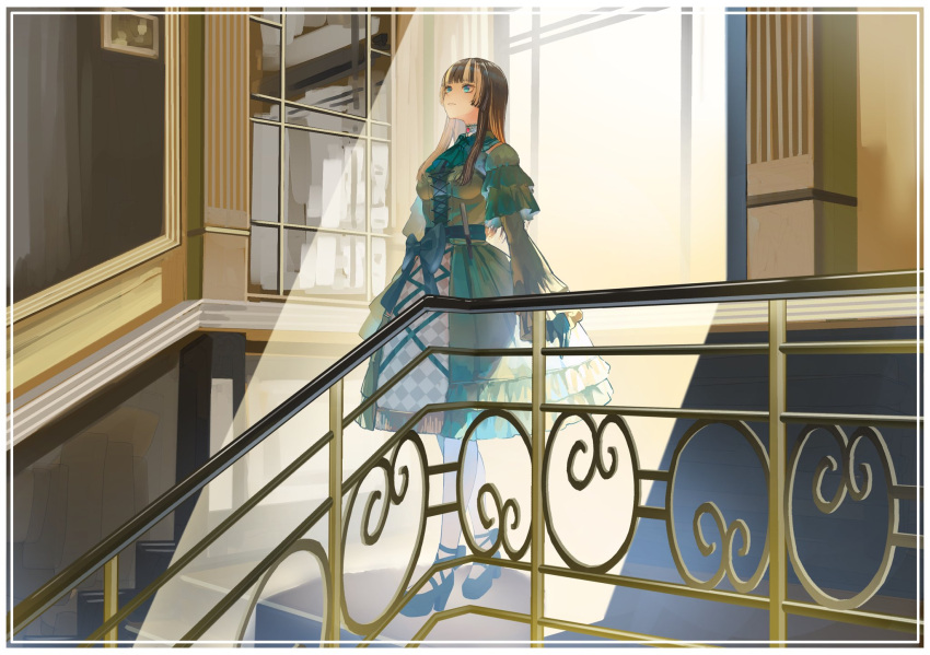 1girl, bell_sleeves, black_gloves, black_hair, black_shoes, blue_eyes, border, closed_mouth
