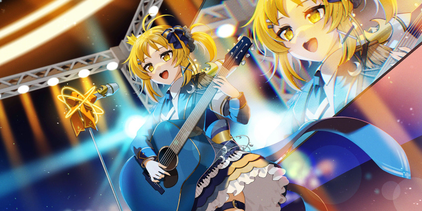 1girl, alternate_costume, alternate_hairstyle, armband, blonde_hair, blue_necktie, bow, collared_shirt, crescent, crown, epaulettes, frilled_skirt, frills, fringe_trim, game_cg, gotoh_(nekocat), guitar, hair_bow, highres, holding, holding_guitar, holding_instrument, idol, instrument, long_sleeves, lunasa_prismriver, microphone, microphone_stand, mini_crown, monitor, music, necktie, official_art, open_mouth, playing_instrument, shirt, singing, skirt, smile, solo, stage, stage_lights, thigh_strap, third-party_source, touhou, touhou_lostword, white_armband, white_shirt, yellow_eyes
