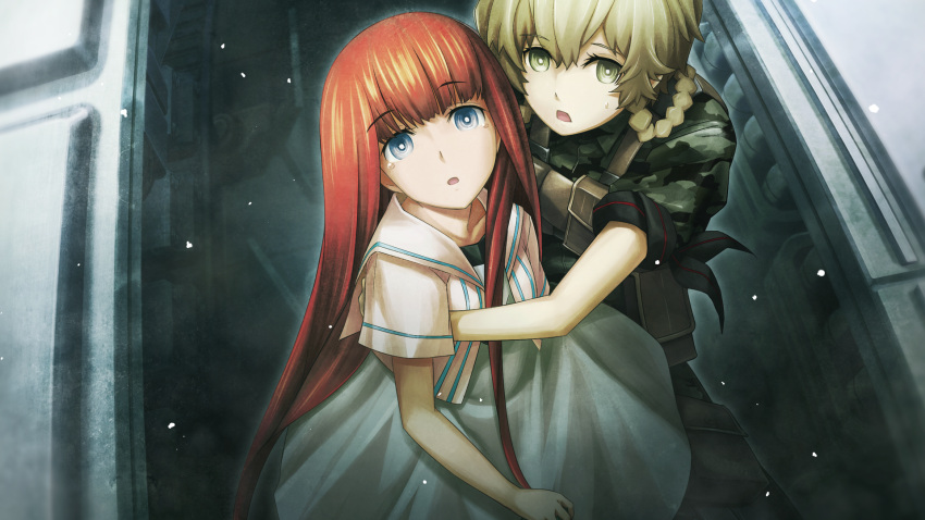 aged_down, amane_suzuha, amane_suzuha_(beta), ammunition_pouch, arm_around_waist, black_sash, blue_dress, blue_eyes