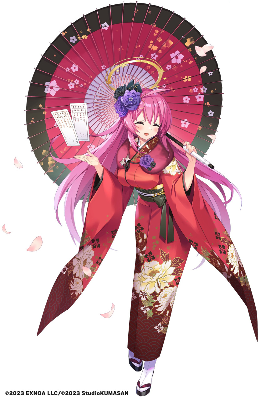 1girl, absurdres, ahoge, black_flower, black_sash, closed_eyes, floral_print, flower