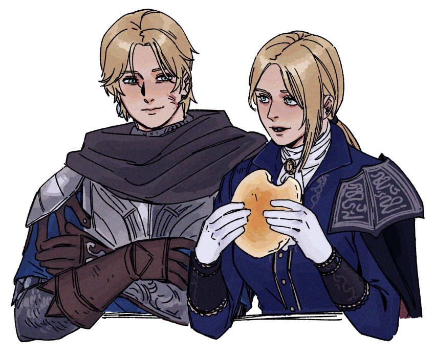 1boy, 1girl, armor, ascot, blonde_hair, blue_eyes, brother_and_sister, chocytd