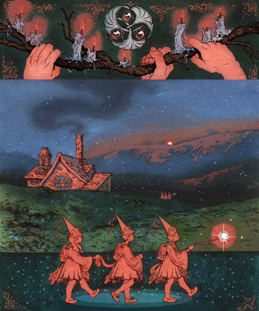 3boys, architecture, branch, building, candle, child, chimney, dress, from_side, grass, hat, hennin, highres, holding, holding_branch, long_sleeves, mountainous_horizon, multiple_boys, multiple_views, night, original, outdoors, painting_(medium), russian_commentary, smoke, standing, traditional_media, vinsenta, walking, watercolor_(medium)