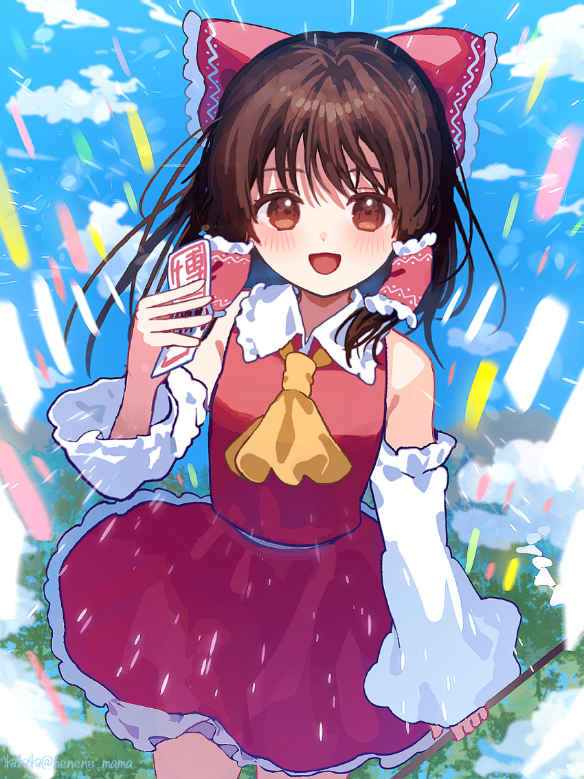 1girl, ascot, blue_sky, blush, bow, brown_eyes, brown_hair, clouds