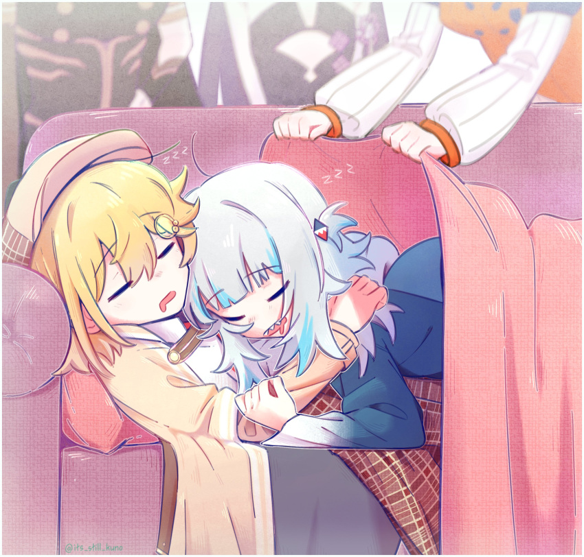 5girls, absurdres, blonde_hair, couch, covering_with_blanket, gawr_gura, gawr_gura_(1st_costume), hair_ornament