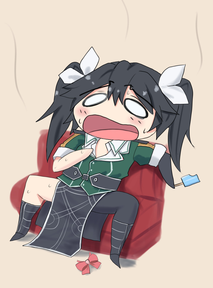 1girl, absurdres, asymmetrical_legwear, black_gloves, bow, bowtie, chibi, couch