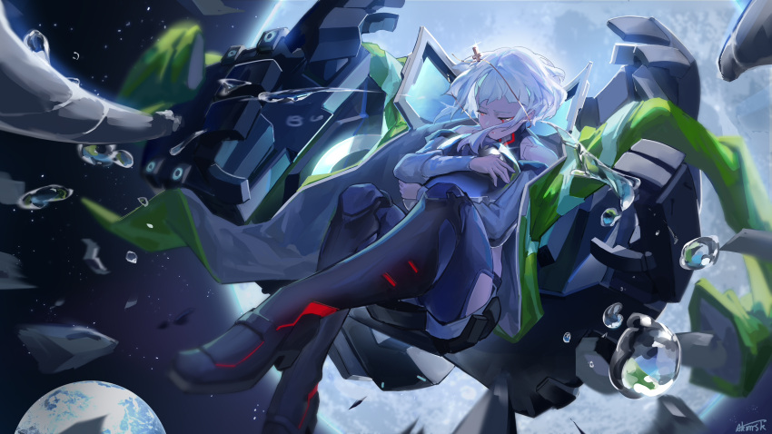 1girl, absurdres, akimurasaki, artist_name, bodysuit, boots, closed_eyes, crossed_arms, cyberpunk, cyberpunk_(series), cyberpunk_edgerunners, cyborg, earth_(planet), eyeliner, falling, highres, hip_vent, jacket, jacket_on_shoulders, lucy_(cyberpunk), makeup, mechanical_arms, moon, multicolored_hair, open_clothes, open_jacket, parted_bangs, planet, red_eyeliner, science_fiction, short_hair, signature, solo, space, star_(sky), thigh_boots, water_drop, white_hair