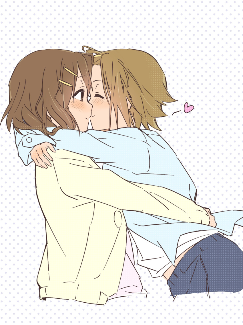 2girls, arms_around_neck, brown_eyes, brown_hair, closed_eyes, heart, highres, hirasawa_yui, k-on!, kiss, looking_at_another, multiple_girls, shaofangziran, short_hair, tainaka_ritsu, yuri