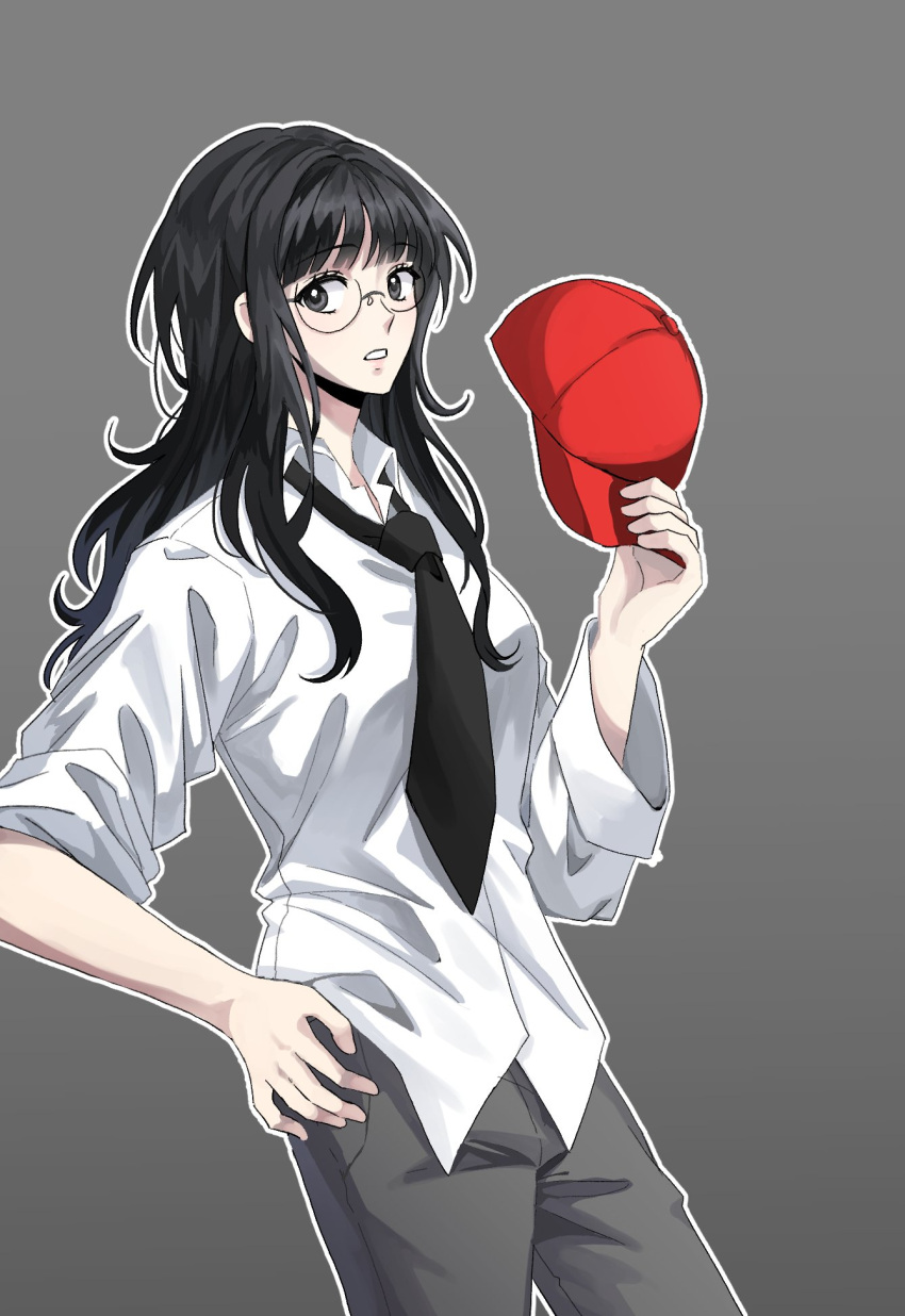 1girl, akira_(bujori), baseball_cap, black_eyes, black_hair, black_necktie, bujori, collared_shirt, commentary_request, cowboy_shot, dress_shirt, glasses, grey_background, grey_pants, hand_on_own_hip, hat, highres, holding, holding_unworn_clothes, holding_unworn_hat, korean_commentary, long_hair, looking_to_the_side, necktie, original, outline, pants, parted_lips, red_hat, round_eyewear, shirt, simple_background, solo, unworn_hat, unworn_headwear, white_outline, white_shirt
