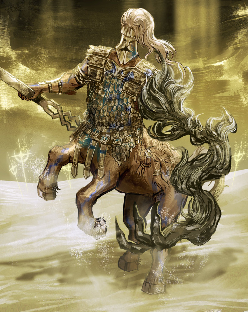 1boy, armor, blood, blue_blood, centaur, cross, elden_ring, elden_ring_nightreign