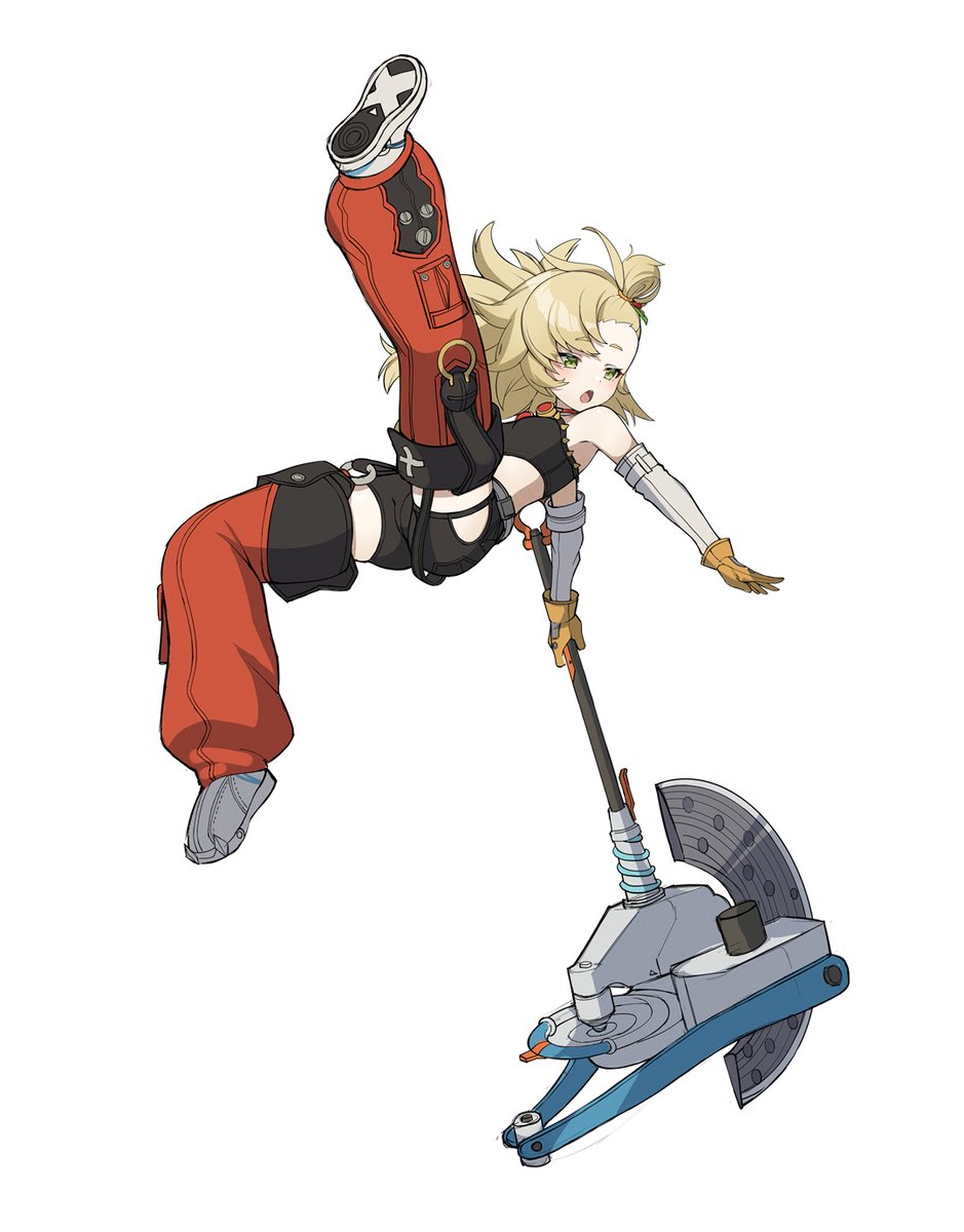 1girl, axe, baggy_pants, bare_shoulders, battle_axe, black_shorts, black_tube_top, blonde_hair