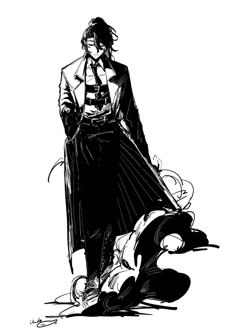 1boy, chest_belt, closed_eyes, closed_mouth, coat, commentary, full-stop_office_(identity)_(project_moon), full_body