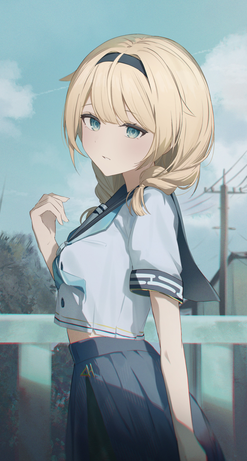 1girl, absurdres, aqua_eyes, aqua_neckerchief, black_hairband, blonde_hair, blue_sailor_collar, blue_skirt