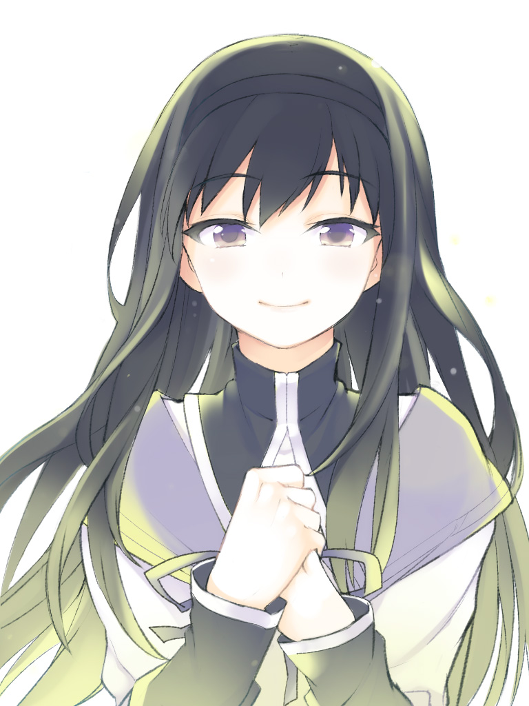 akemi_homura, bad_id, black_hair, bust, face, hairband, hands, kusano_houki