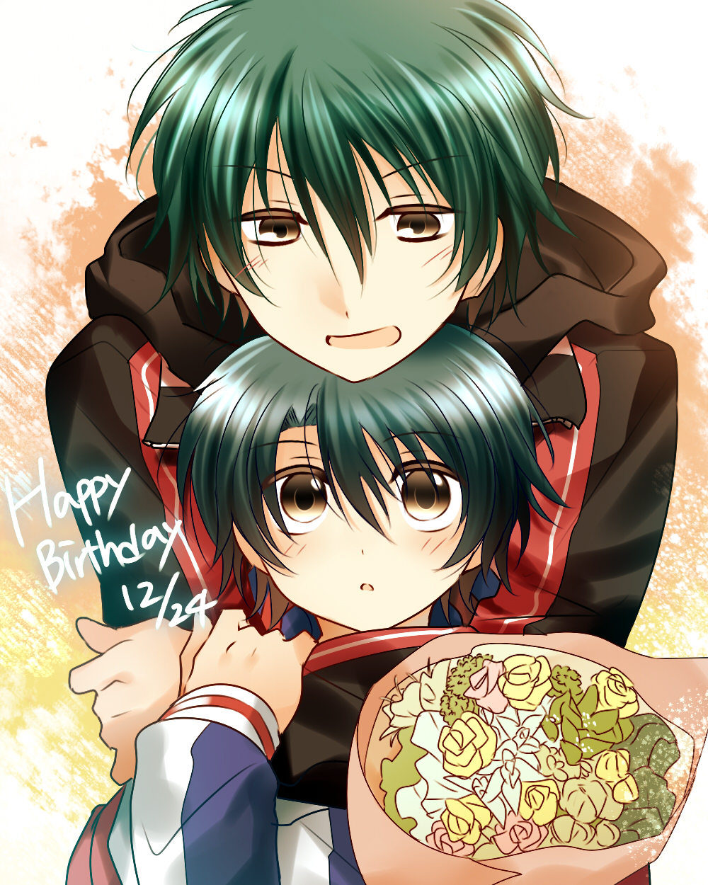 2boys, :o, aqua_hair, arms_around_neck, black_jacket, blue_jacket, blush, bouquet