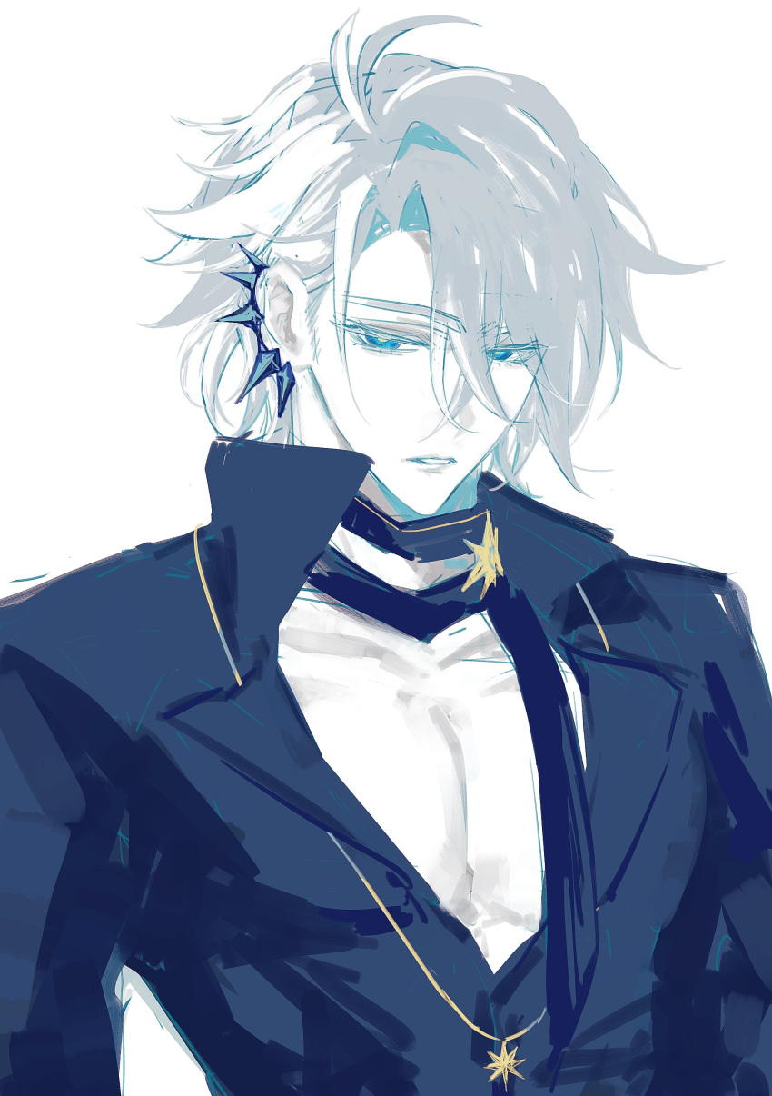 1boy, absurdres, ahoge, black_shirt, blue_eyes, blue_theme, collared_shirt, commentary, highres, honkai:_star_rail, honkai_(series), jenur_datc, large_pectorals, male_focus, official_alternate_costume, pectorals, phainon_(fashion)_(honkai:_star_rail), phainon_(honkai:_star_rail), shirt, short_hair, solo, upper_body, white_hair