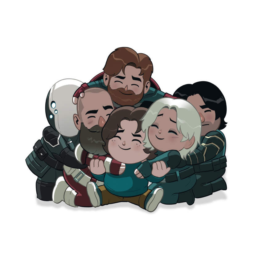 2girls, 4boys, bald, beard, belt, black_belt, black_bodysuit, black_boots, black_hair, blue_bodysuit, blue_shirt, blue_shoes, blush, bodysuit, boots, brown_hair, brown_pants, bucky_barnes, chibi, chibi_only, closed_eyes, closed_mouth, facial_hair, father_and_daughter, fingerless_gloves, freckles, full_body, ghost_(marvel), gloves, green_bodysuit, green_gloves, highres, hug, john_walker_(marvel), long_sleeves, marvel, marvel_cinematic_universe, multiple_boys, multiple_girls, pants, pocket, prosthesis, prosthetic_arm, red_bodysuit, red_gloves, red_guardian_(marvel), seiza, sentry_(marvel), shadow, shield, shield_on_back, shirt, shoes, short_hair, simple_background, sitting, smile, spread_legs, standing, stephen_byrne, superhero_costume, thunderbolts_(movie), white_background, white_belt, white_boots, white_hair, white_mask, yelena_belova