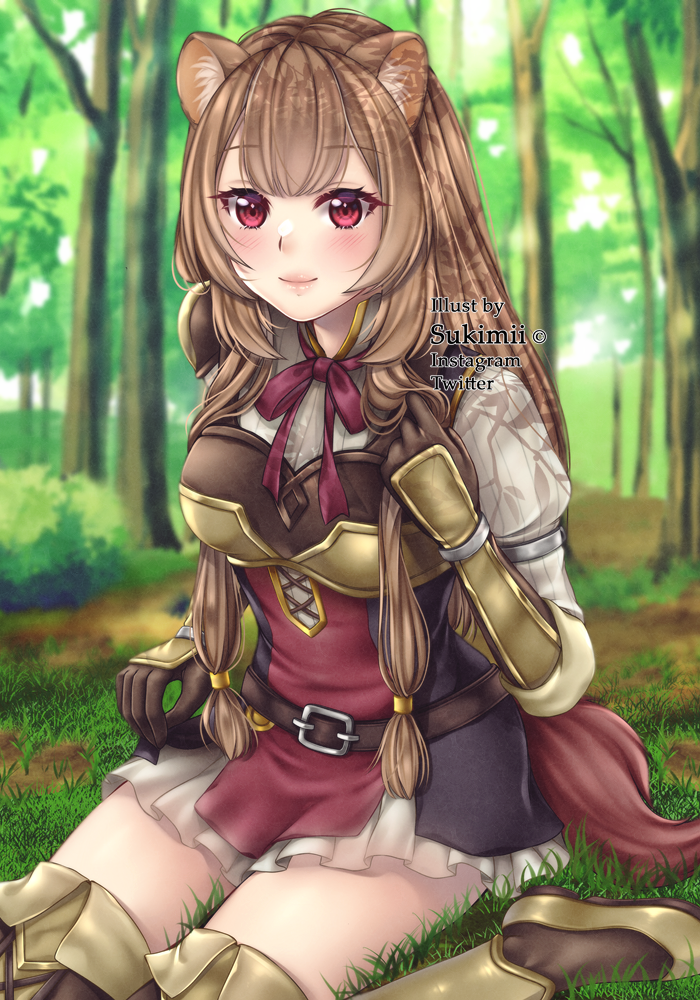 1girl, animal_ear_fluff, animal_ears, armor, armored_boots, armored_gloves, artist_name, belt