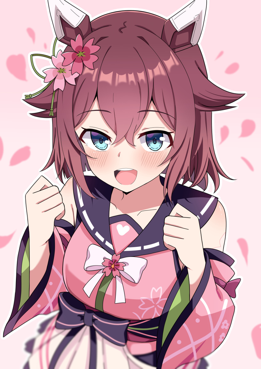 1girl, absurdres, animal_ears, blue_eyes, blush, breasts, clenched_hands, detached_sleeves