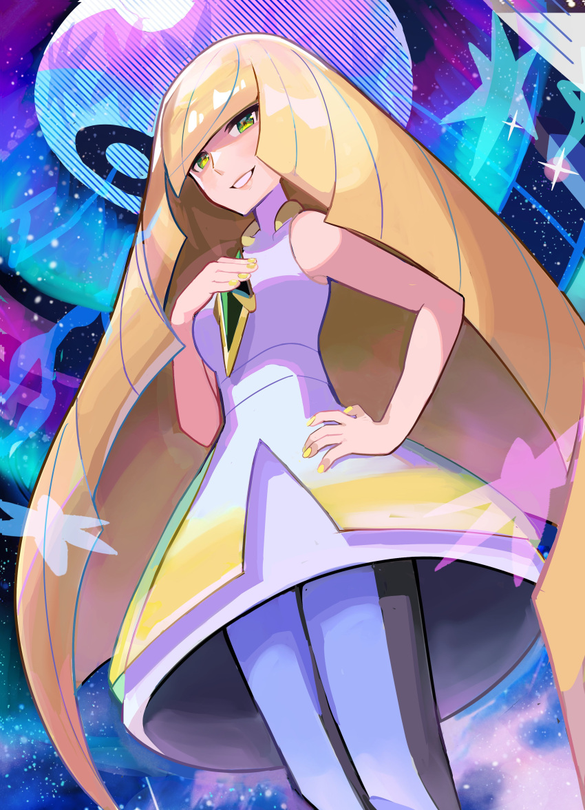 1girl, absurdres, bare_shoulders, black_leggings, blonde_hair, breasts, diamond_(shape), dress, gem, green_eyes, green_gemstone, hair_over_one_eye, highres, leggings, long_hair, looking_at_viewer, lusamine_(pokemon), mature_female, medium_breasts, open_mouth, pokemon, pokemon_sm, sleeveless, sleeveless_dress, smile, solo, spyg, teeth, two-tone_leggings, two-tone_legwear, very_long_hair, white_dress, white_leggings