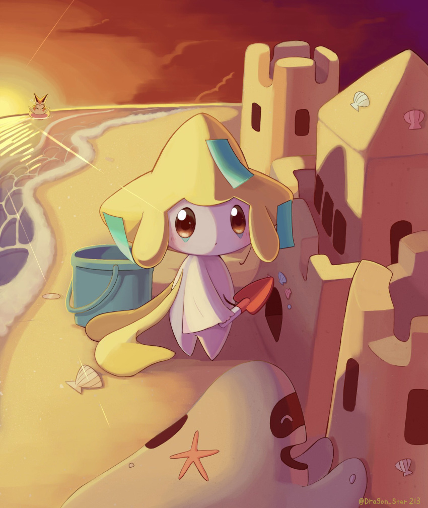 ^_^, artist_name, beach, brown_eyes, bucket, building_sand_sculpture, caustics, closed_eyes