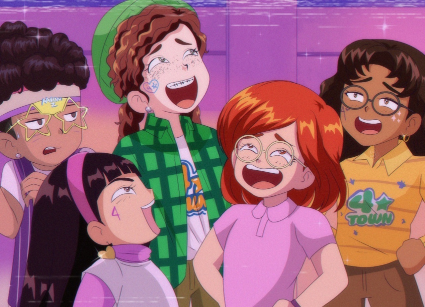 1990s_(style), 1boy, 4girls, abby_(turning_red), animification, black_hair, brenni_murasaki, brown_eyes