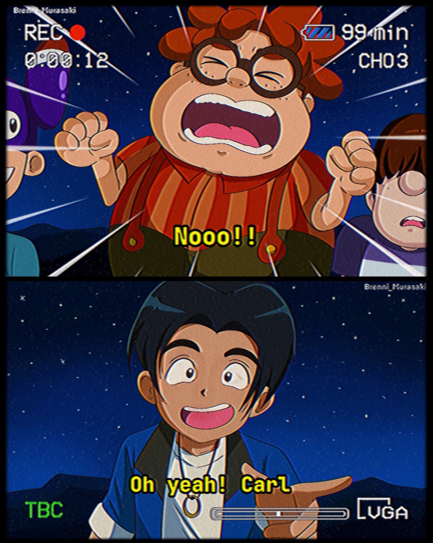 1990s_fashion, 4boys, animification, black_hair, brenni_murasaki, brown_eyes, brown_hair, butch_pakovski, carl_wheezer, english_text, glasses, hair_over_eyes, highres, jimmy_neutron_(series), looking_at_another, multiple_boys, nick_dean, night, night_sky, overalls, scene_reference, sheen_estevez, shirt, short_hair, sky