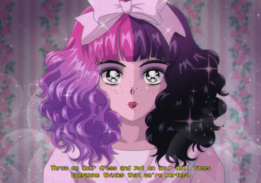 1girl, black_hair, blunt_bangs, blush, brenni_murasaki, clip_studio_paint_(medium), cry_baby_(melanie_martinez), dress